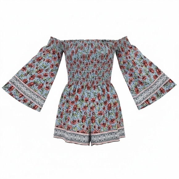 Altar'd State Pants - Altar'd State Celia Romper M Blue Red‎ Floral Smocked Off Shoulder Bell Sleeve